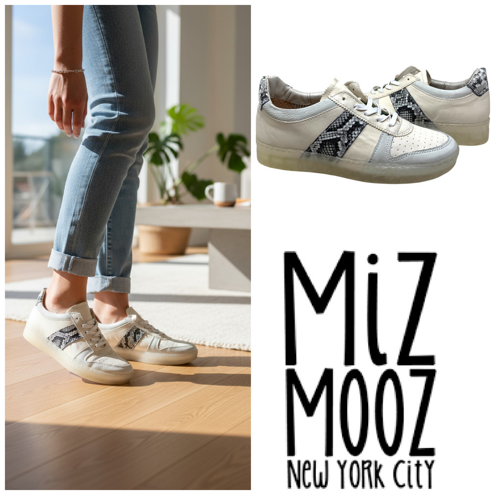 Miz Mooz Cream and Black Snake-Print Leather Sneakers